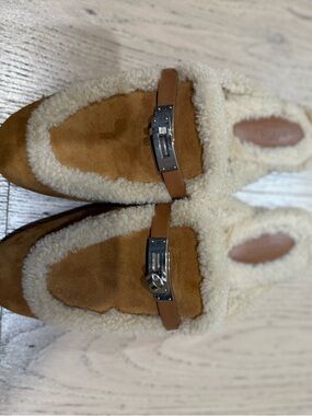 Hermes Tan Suede Shearling-Trim Oz Mule with Silver Hardware